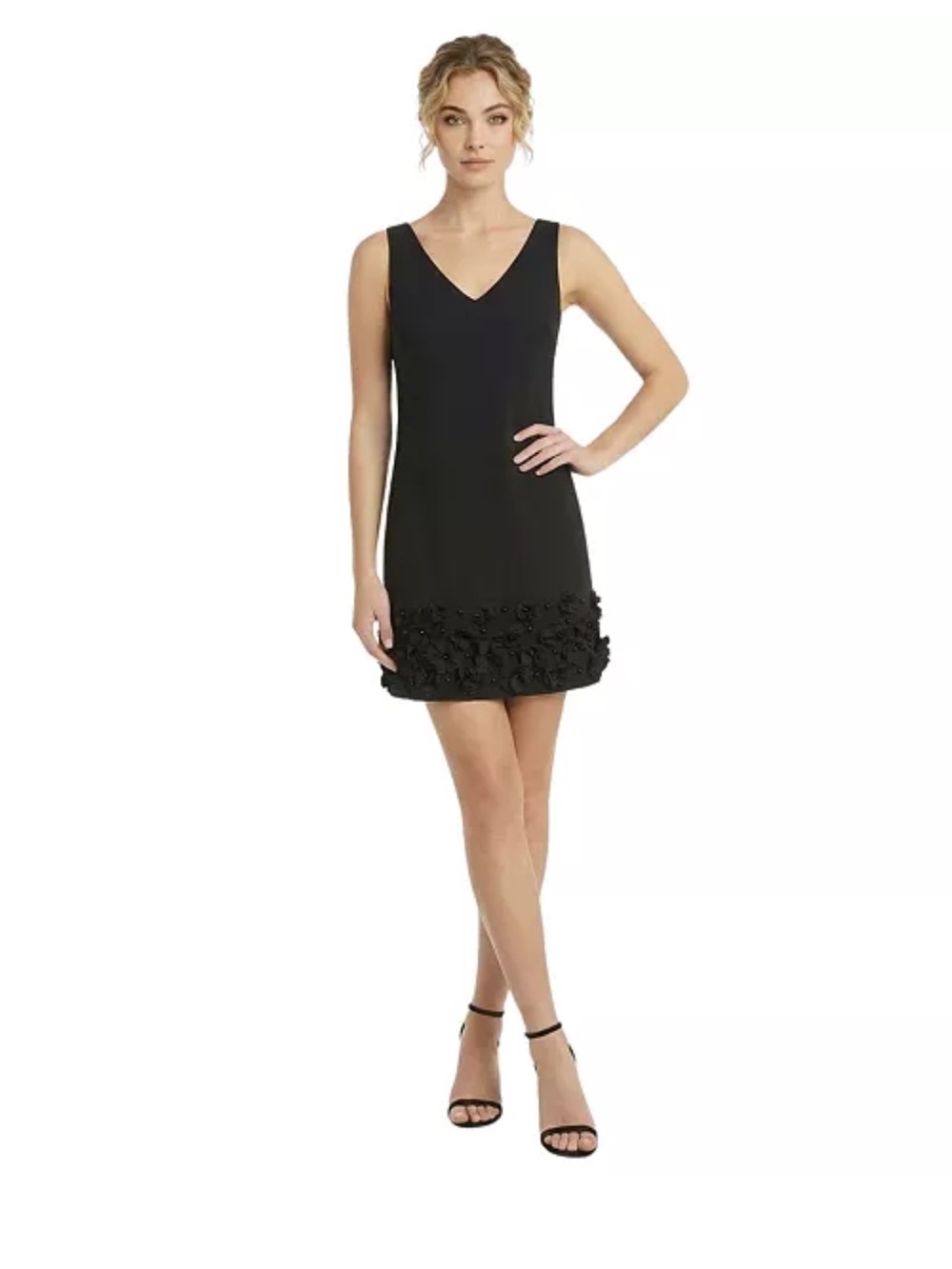 Seni and Cade Elegant Black V-Neck Mini Dress with Floral Hem